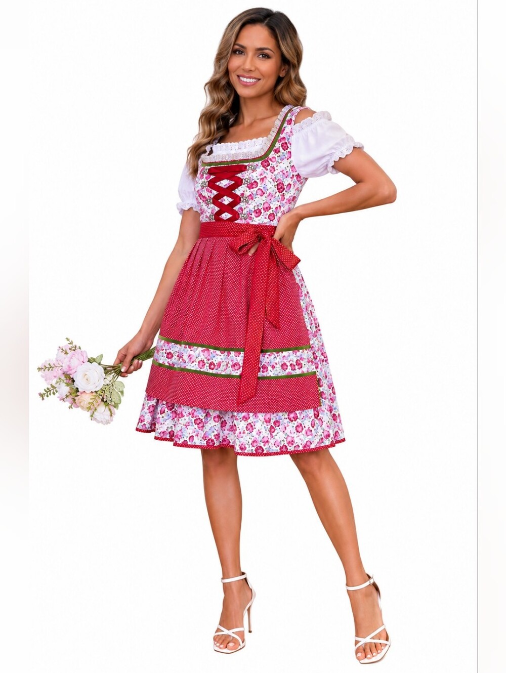 YTWS Oktoberfest Dirndl Dress NWT Red Floral Polka Dot Apron Bavarian Costume L